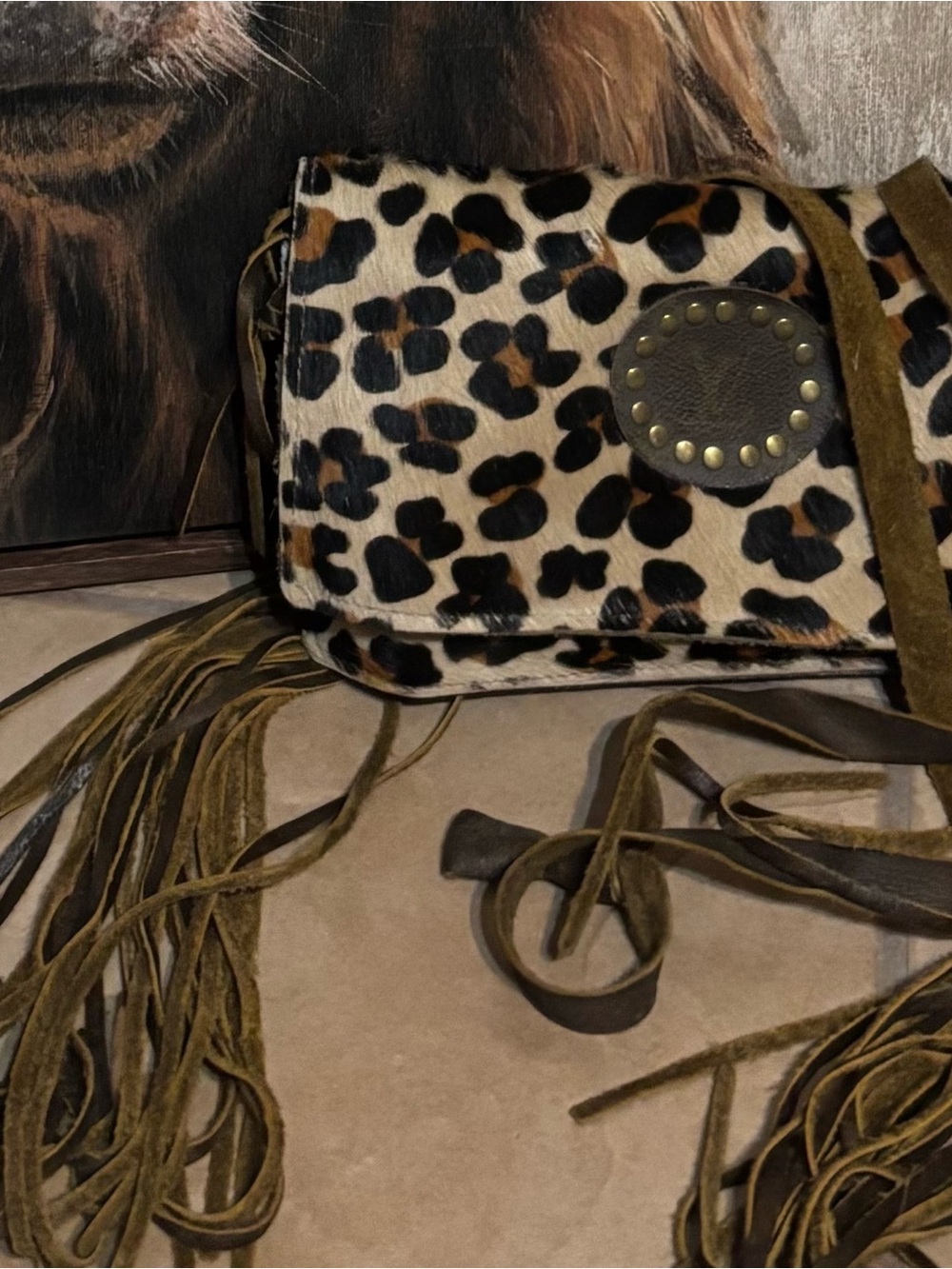 Leopard Print Fringe Crossbody Bag - Brown/Black leather 100%